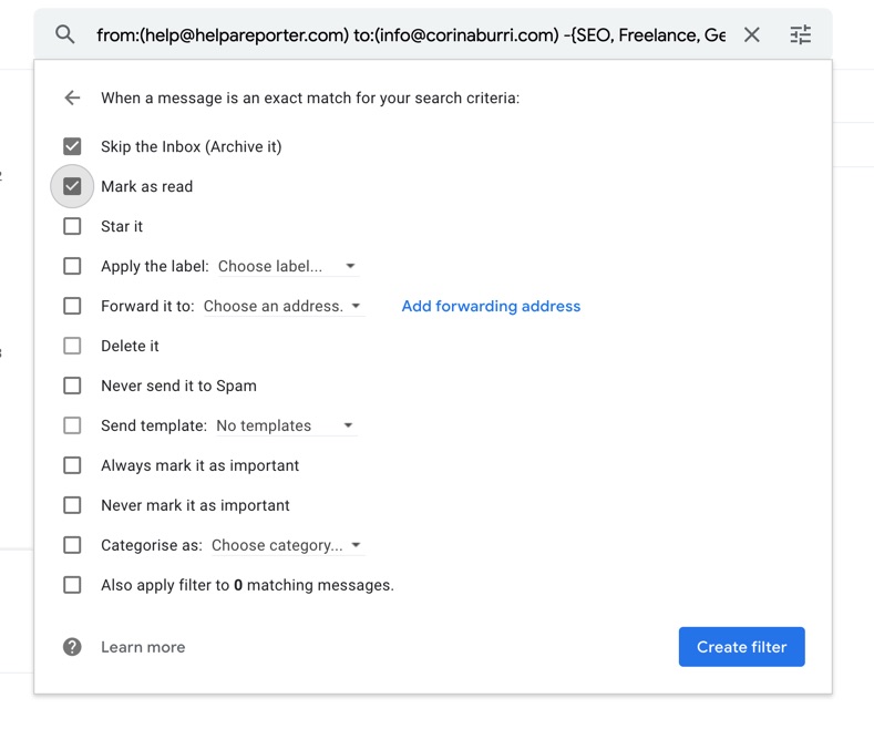 filter to skip inbox and archieve