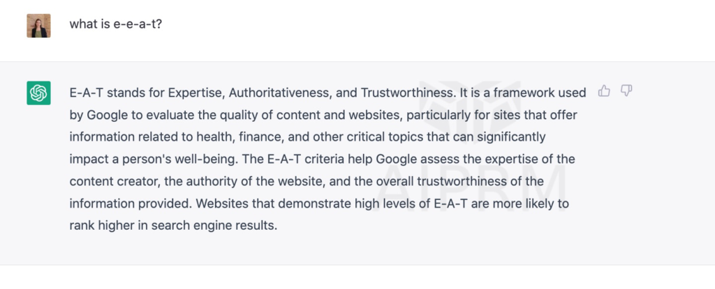 screenshot of chat gpt for e-e-a-t