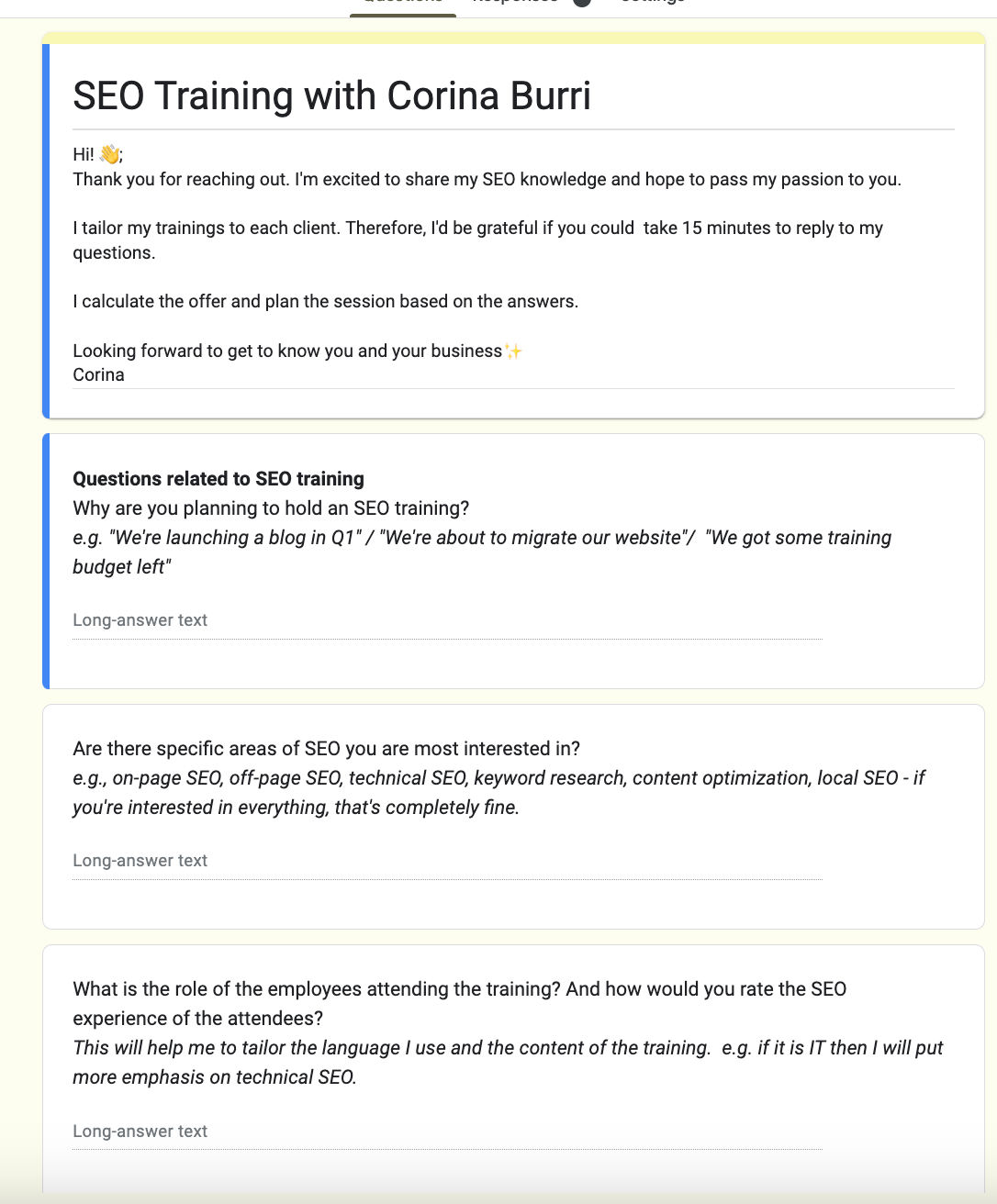 Read more about the article Onboarding questionnaire for SEO training [Google Form]