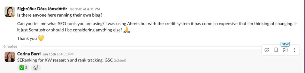 Screenshot einer Slack-Konversation ĂĽber ein SEO-Tool