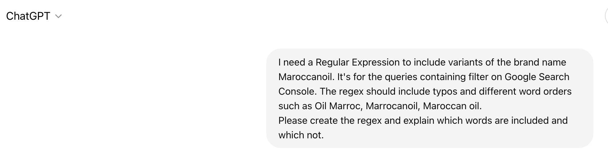 printscreen of query for regex of brand name for ChatGPT