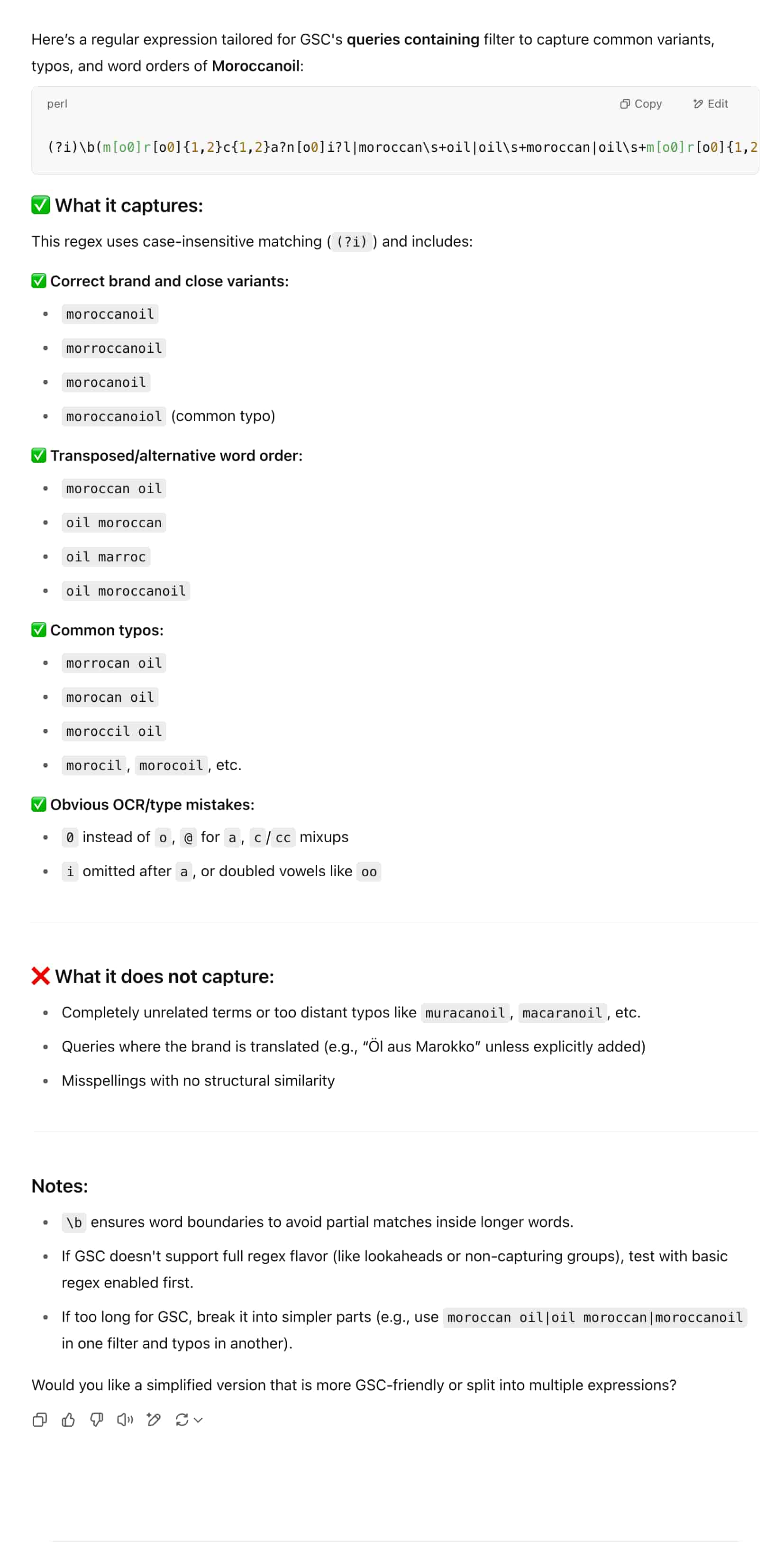 screenshot of chatgpt answer for regex query