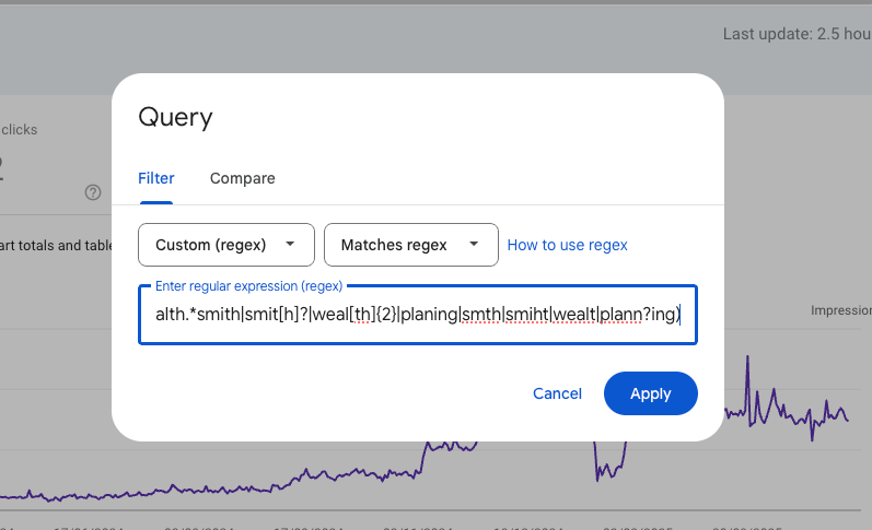regex query as filter in google search console screenshot
