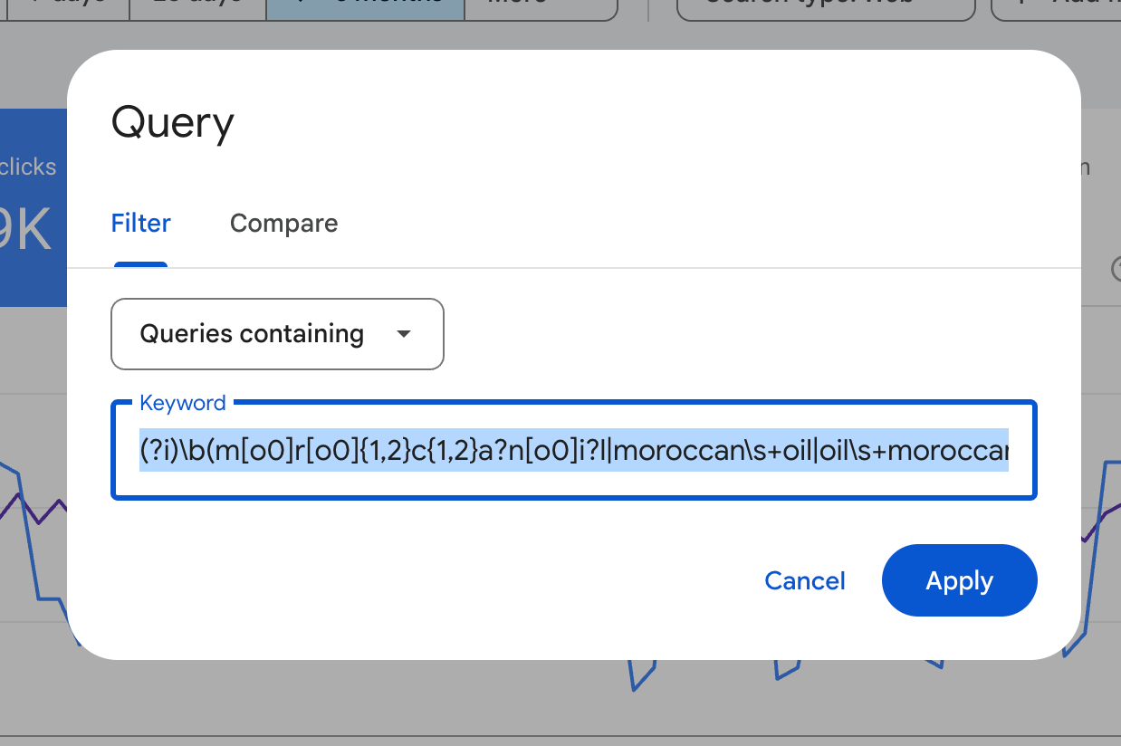 regex query as filter in google search console screenshot